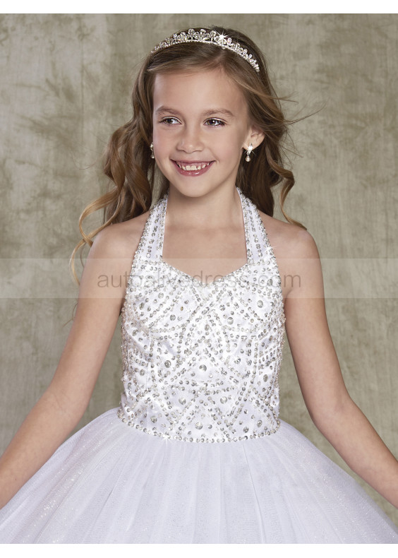 White Beaded Glittering Tulle Halter Flower Girl Dress